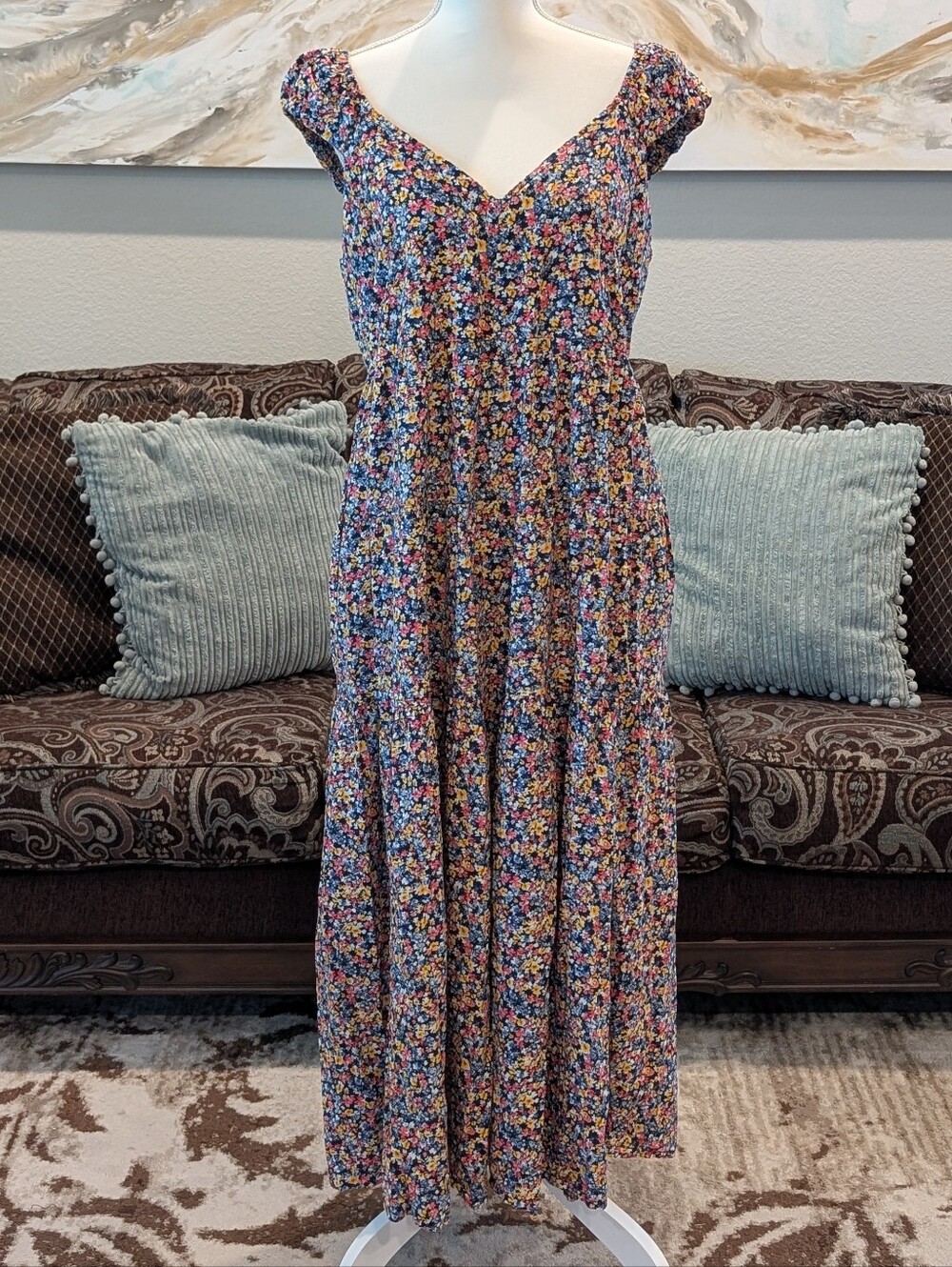 Floral Print Tiered Maxi Dress - Blue Multi